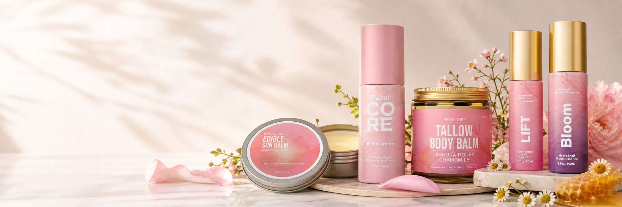 Petalcore Beauty product lineup homepage hero